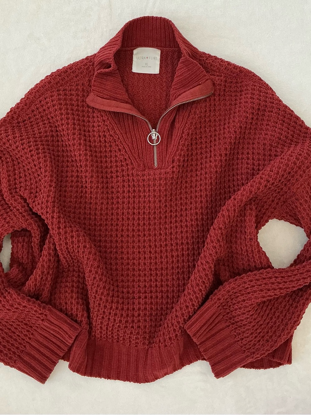 Ultra Flirt Waffle Knit Quarter Zip Sweater XL Rust Red Oversized Cozy
